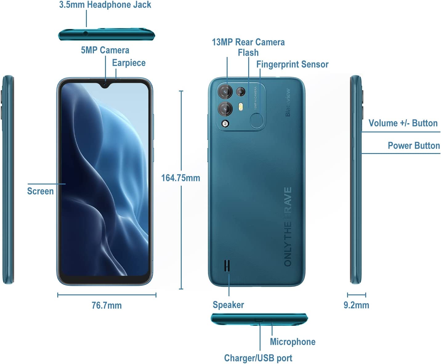 Blackview Unlocked Smartphones， A55 Pro， 4G Dual SIM Unlocked Cell Phones Android 11， 4GB RAM 64GB ROM，6.528" HD+，Face ID+Fingerprint Unlock，4780mAh High Capacity Battery，13MP+5MP，T-Mobile Phone，Blue - Image 4